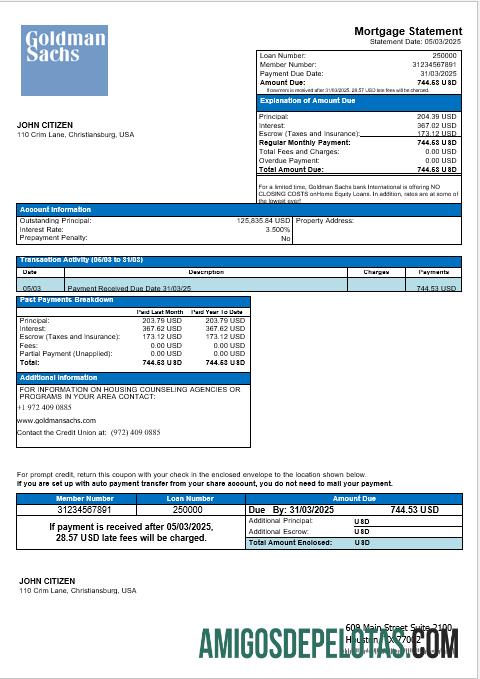 Extrato de hipoteca do Goldman Sachs Bank dos EUA em formatos Word e PDF exemplo real